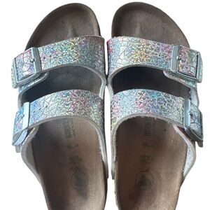 Birkenstock Silver Sandals with Adjustable Buckles and Contoured Footbed